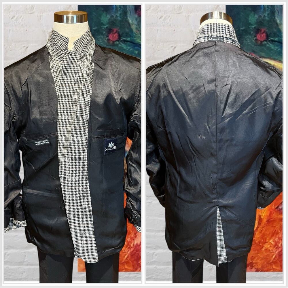 Stafford Mens 46R Black Beige Burgundy Houndstooth Plaid Blazer Sport Jacket - Picture 7 of 16